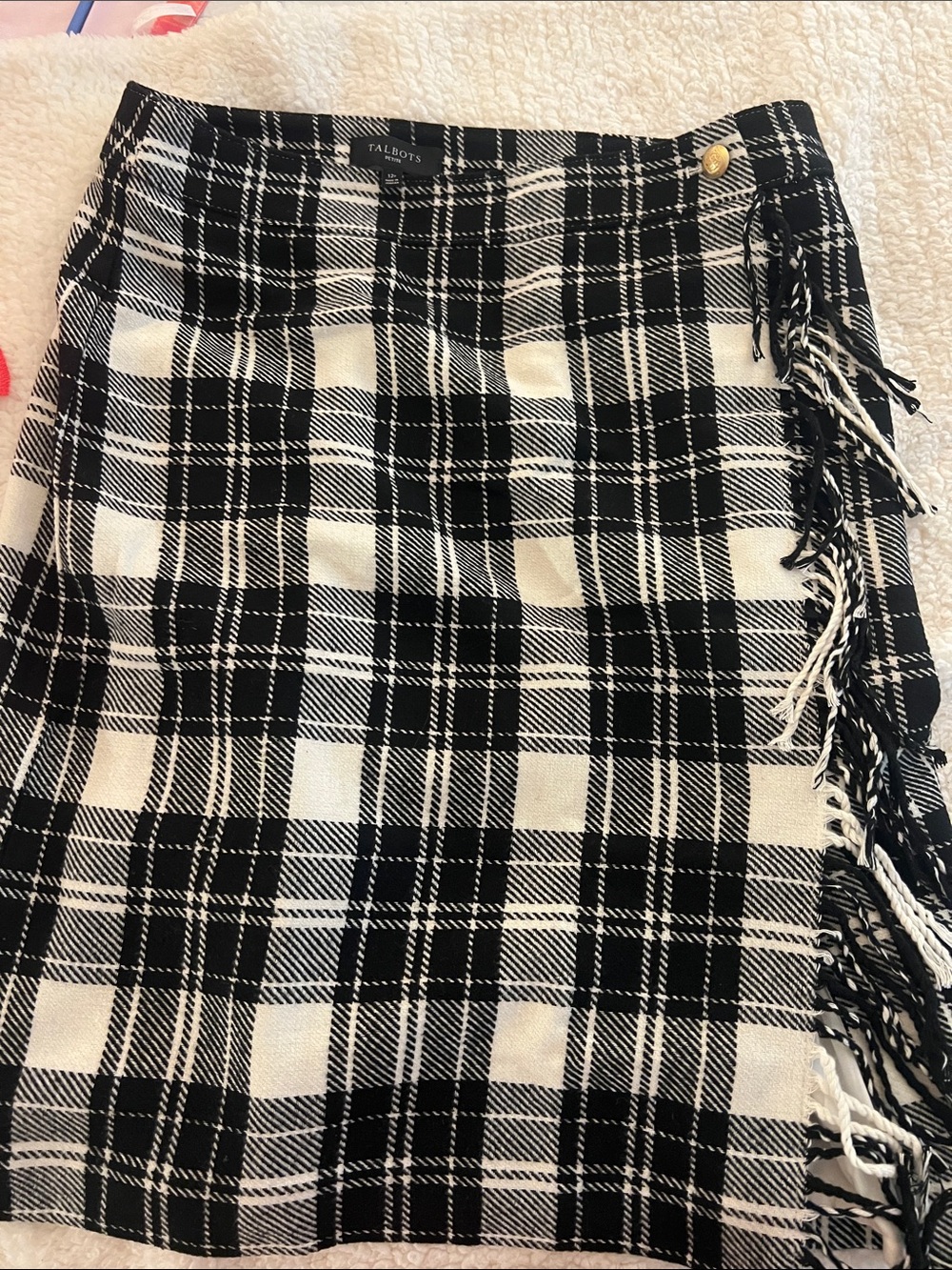 Talbots Black & White Plaid Fringe Wrap knee length Skirt